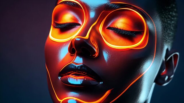 A woman showcases glowing facial mask with neon colors and unique designs. Skincare innovations