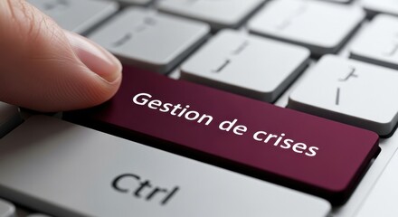Macro Close-up of a Finger Pressing a Maroon "Gestion de crises" Keyboard Key for French Language Crisis Management and Strategic Response