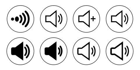 Various sound and audio volume control icons displayed in a row. Vector