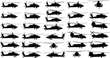 Collection of military helicopter silhouettes vector illustration showing various flight angles and black hawk chopper shapes isolated on white background © BIPUL