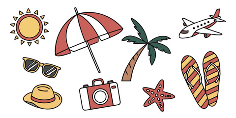 Assorted beach items including a sun umbrella, beach ball, and seashells Vector