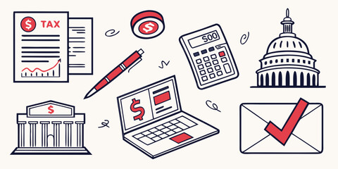 Illustrations of government buildings, documents, and symbols of authority Vector