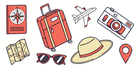 Colorful illustration of travel items including luggage, passport, and accessories Vector