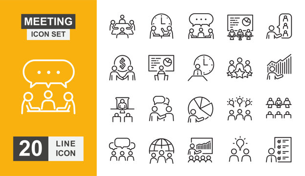 Meeting icon set. Seminar, discussion, conference, interview, briefing and more line icon.