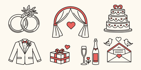 A collection of wedding-related items including rings, dress, cake, and more. Vector