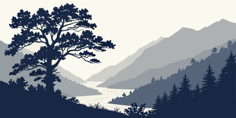 A solitary tree stands tall on a cliff overlooking a vast mountain range Vector
