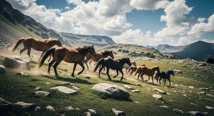 Fototapeta premium Majestic herd of horses gallops freely across a lush green meadow landscape