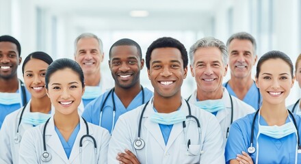 Fototapeta premium Diverse Medical Professionals Smiling in a Bright Hospital Setting.