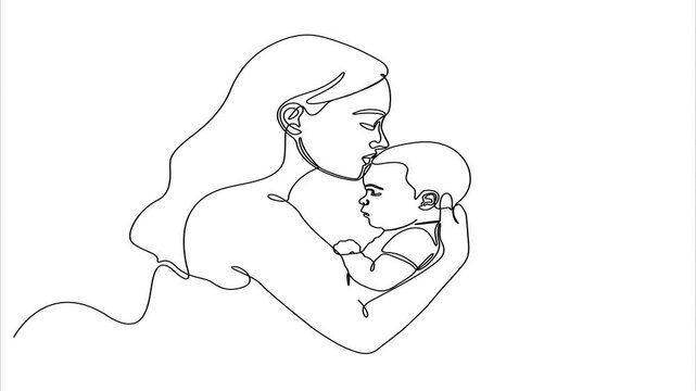 Self drawing animation Mother kissing newborn baby in continuous one line art style representing love care and family bond. Editable stroke. Doodle hand drawn vector illustration