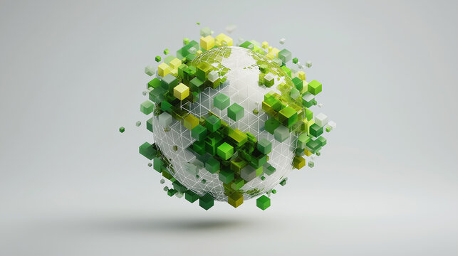 Minimal 3D render of a transparent wireframe globe surrounded by floating green and yellow cubes, hovering on a soft gray background, symbolizing digital ecology and data.