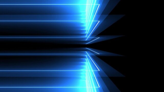 A deep-framed animation of a square neon sign glowing blue. A luminous animation. Neon shapes on a black background. A continuous looping background.