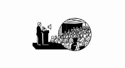Naklejka premium Speaker at podium addressing seated audience in a circular frame