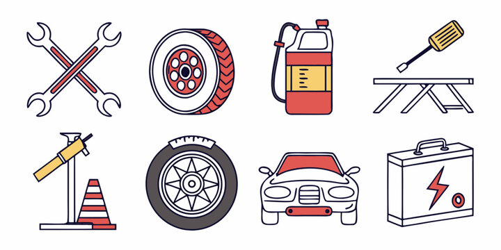 Assorted icons representing various tools and equipment for automotive maintenance and repair. Vector