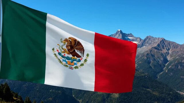 Mexican flag waving in the wind against a mountainous landscape with clear blue skies