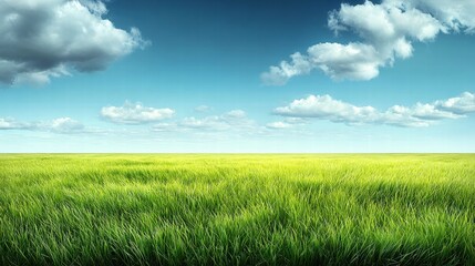 Obraz premium Vibrant green field under a bright blue sky with fluffy white clouds.