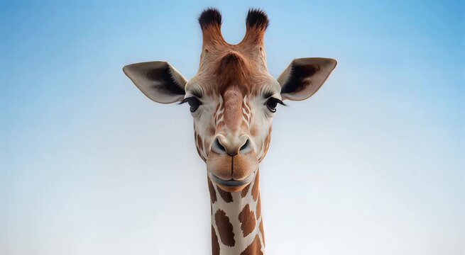Close-up majestic giraffe head moving slowly against a clear blue sky, seamless loop, symbolizing wildlife, nature, and serene observation.