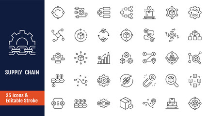 Obraz premium Supply chain icon set. Icons related to supply chain, value chain, logistic, delivery, manufacturing, commerce and more. Outline icon with Editable stroke. Vector illustration