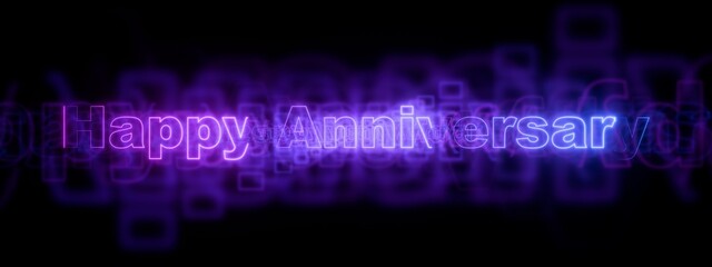 Happy Anniversary neon glowing purple and blue text with light leaks, futuristic geometric lines background and abstract digital overlay for celebration events.