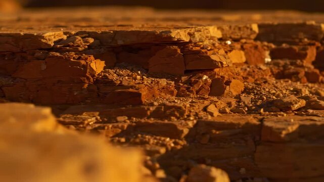Extreme macro close-up of weathered layered sedimentary rock and dry crumbly reddish-brown soil. 