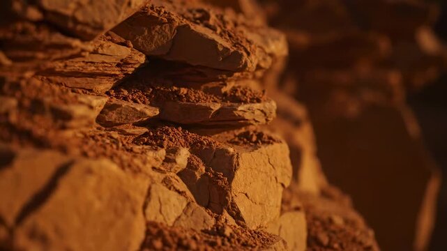Extreme macro close-up of weathered layered sedimentary rock and dry crumbly reddish-brown soil. 
