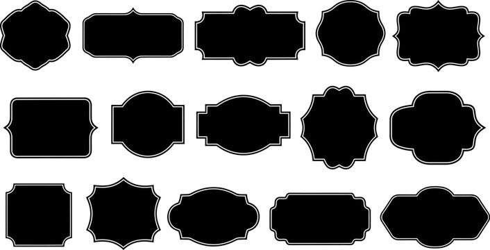 Collection of diverse black vintage decorative frames and labels with white outlines