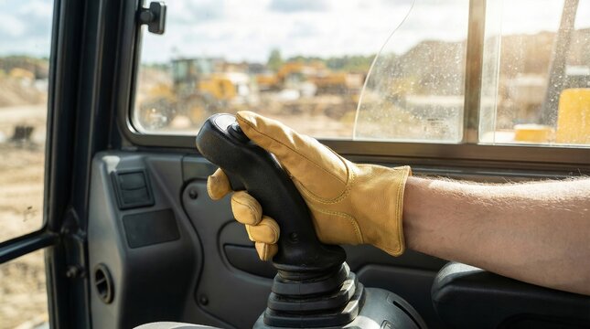 A gloved hand operates the joystick controller of heavy construction machinery at an active outdoor worksite.