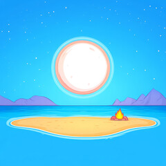 Obraz premium Deserted island, night sky, full moon, calm sea, campfire, peaceful atmosphere