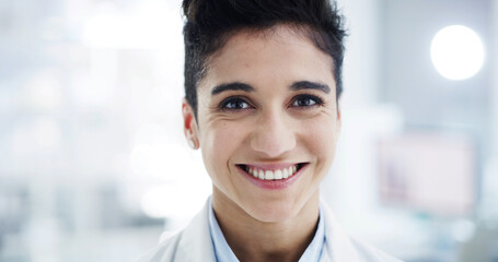 Smile, portrait and science with woman in laboratory for research, gene therapy and about us. Medical sample, dna sequence editor and vaccine trial with person in clinic for healthcare study