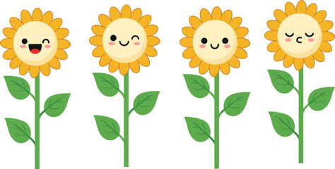 Cute Kawaii Sunflower Characters Set with Smiling Faces Cartoon Floral Illustration Collection Isolated on Light Background © SM