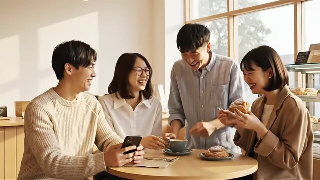 Four young adults enjoy a casual coffee shop gathering sharing pastries and connecting with their phones a warm relatable scene of friendship and modern lifestyle