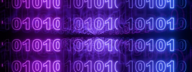 Abstract binary code 101010 neon glowing numbers with geometric lines, futuristic digital data processing background featuring light leaks and cyber overlay.