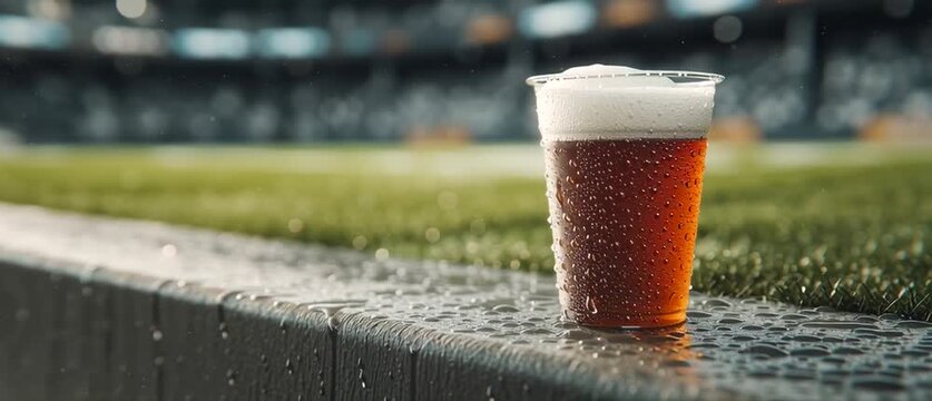 A refreshing beer sits on a wet ledge overlooking a stadium field during a light rain shower
