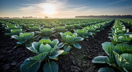 Fototapeta premium Sunrise over a vast cabbage field, fresh produce in the morning light