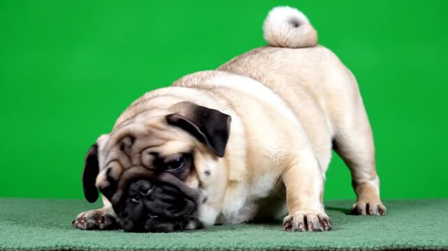 A cute fawn pug dog in a playful bowing pose on a vibrant green studio background.