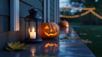 Obraz premium Halloween carved pumpkin and lantern with candle on a wet porch decorated with autumn leaves