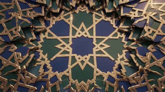Intricate Geometric Islamic Tile Pattern with Gold Accents on Blue and Green Background