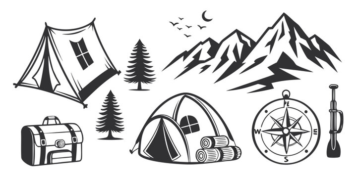 A scenic illustration of a mountain range with camping tents and hiking gear. Vector