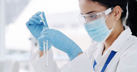 Medical, pipette or scientist in lab with tube, biotechnology or fluid exam in vaccine development....