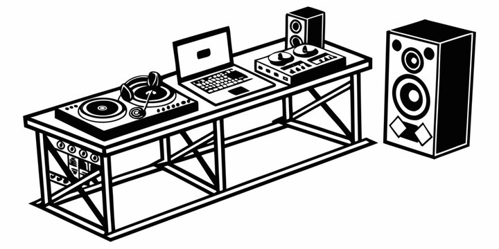A professional dj setup with turntables, mixer, and speakers on a wooden stand Vector