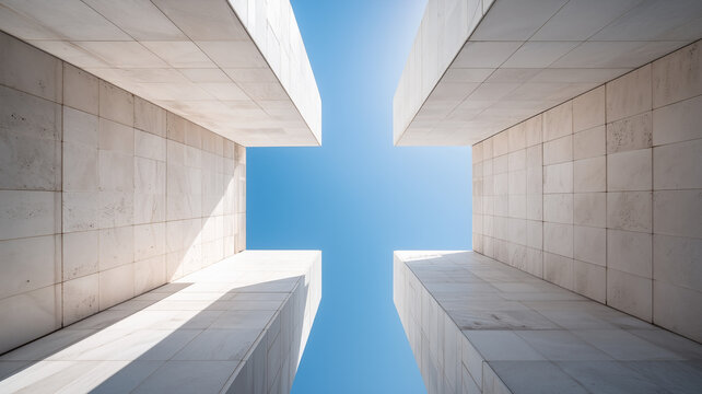 A symmetrical perspective looking straight up between four white marble or stone pillars toward a bright blue sky, highlighting clean lines and architectural height.