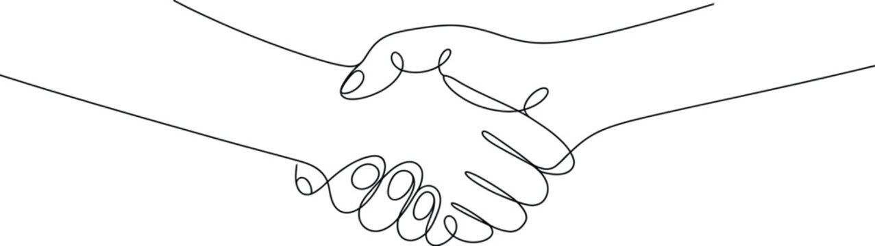 Continuous one line drawing of two hands shaking minimalist black outline vector illustration for business partnership deal and successful agreement.