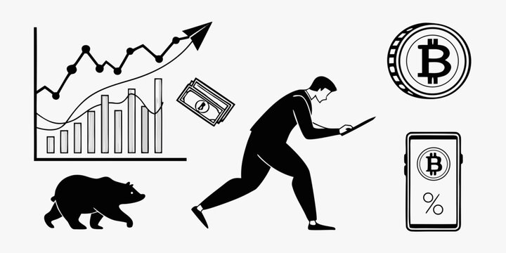 Investor analyzing market trends with bitcoin and bearish indicators Vector