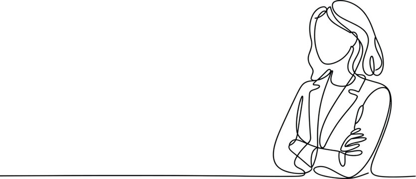Continuous one line drawing of a professional woman with crossed arms wearing a blazer minimalist black outline vector illustration portrait.