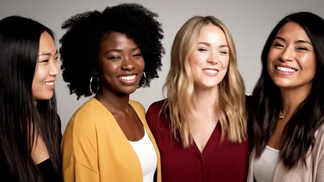 Group of Four Diverse Professional Women Smiling and Laughing Together Against a Neutral Studio Background