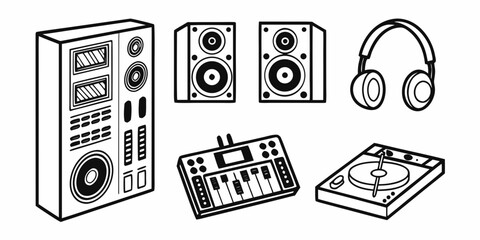 A variety of vintage audio equipment including speakers, a turntable, and headphones. Vector