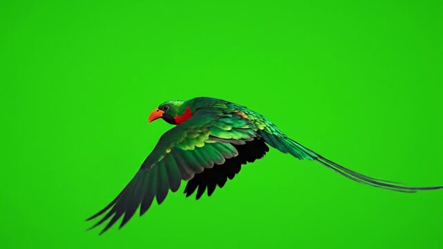 A vibrant green and red parrot with outstretched wings flying against a bright green screen background.