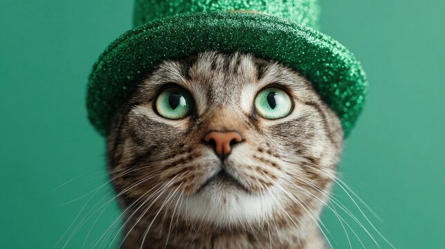 A cute cat wearing a green St Patrick's Day hat, close up portrait