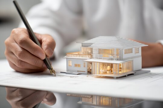 Engineer building a small scale house prototype