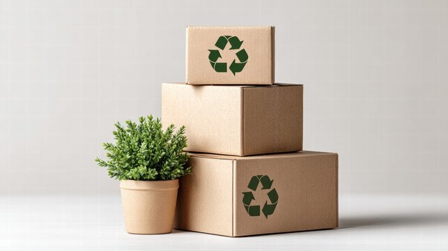 Eco-friendly packaging concept with recycled boxes and a potted plant.