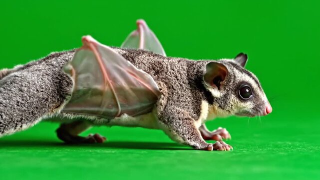 A small sugar glider with its gliding membrane visible, standing on a vibrant green background, showcasing its unique features.